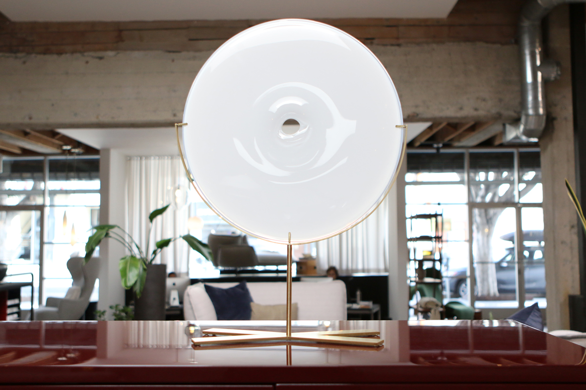 medium/white 24″H x 18″W (61x46cm) shown w/ brushed brass stand