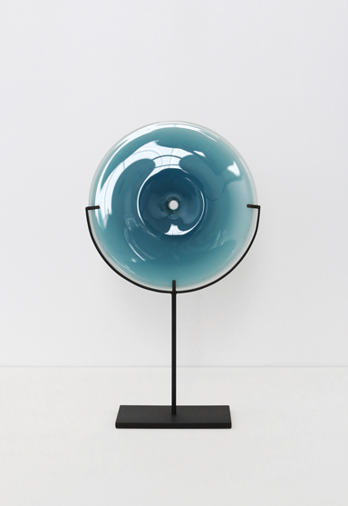 small/new blue 21″H x 12″W (53x30cm) shown w/ dark oxidized steel stand