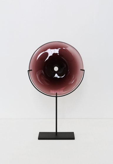 small/plum 21″H x 12″W (53x30cm) shown w/ dark oxidized steel stand