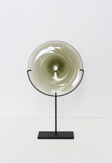 small/smokey gray 21″H x 12″W (53x30cm) shown w/ dark oxidized steel stand