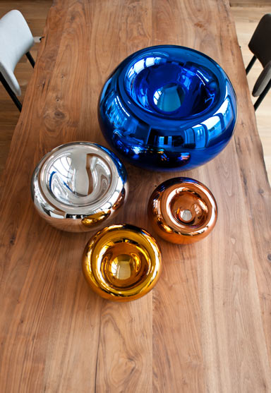 from top: large blue, medium silver, small copper and small gold