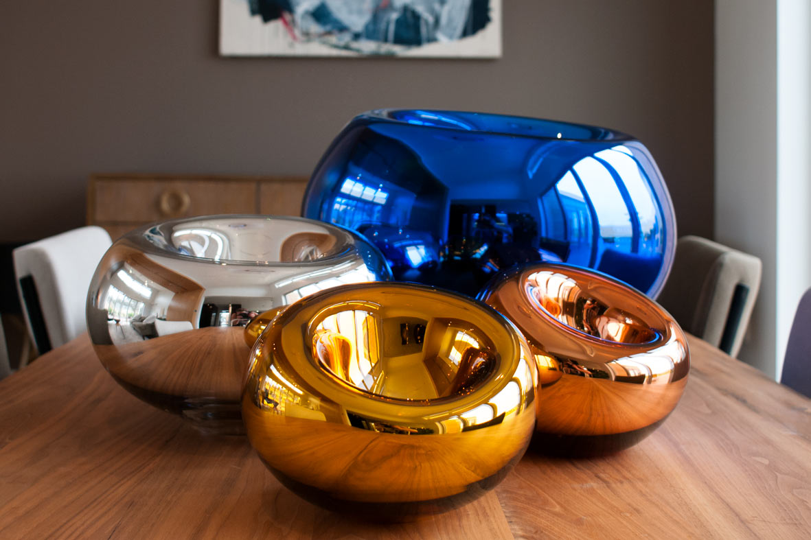 from left: medium silver, small gold, large blue, small copper