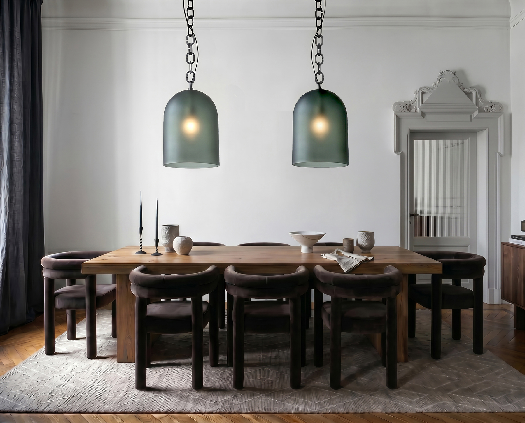 Dome Large Pendants in frosted smoke glass with slight variations in wall thickness and color density, when compared side-by-side.